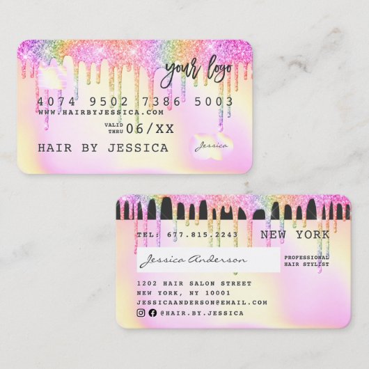 クレジットカードのホログラフィックレインボーピンクのグリッター滴 名刺 (正面/裏面)
