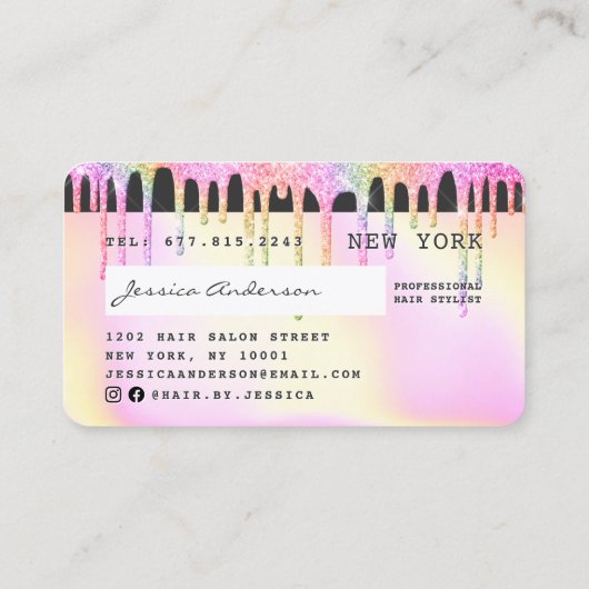 クレジットカードのホログラフィックレインボーピンクのグリッター滴 名刺 (裏面)