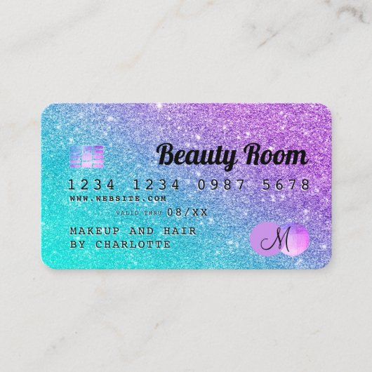 クレジットカードの髪の美しいマーメイドグリッターモノグラム 名刺 (正面)