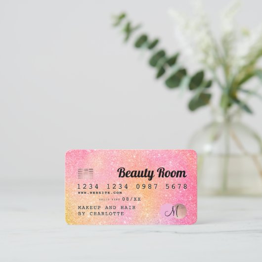 クレジットカードイエローピンクグリッターグラデーションロイヤリティ 名刺 (スタンド正面)