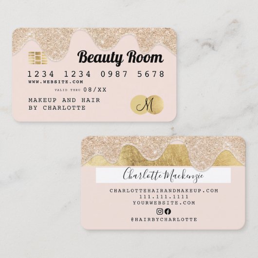 クレジットカードガーリー金ゴールドグリッターのドリップスの重要な美しい 名刺 (正面/裏面)