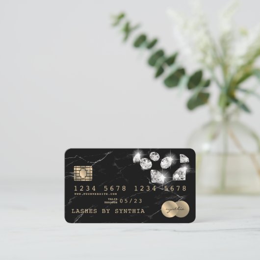 クレジットカードスタイルの黒い大理石ダイヤモンド 名刺 (スタンド正面)