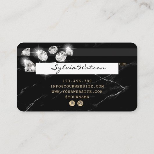 クレジットカードスタイルの黒い大理石ダイヤモンド 名刺 (裏面)