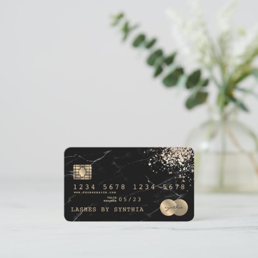 クレジットカードスタイルの黒い大理石金ゴールド 名刺 (スタンド正面)