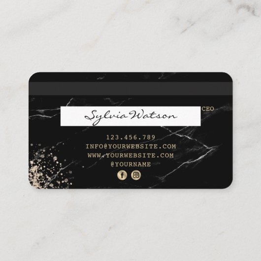 クレジットカードスタイルの黒い大理石金ゴールド 名刺 (裏面)