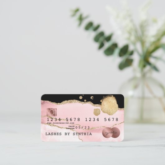 クレジットカードスタイル赤面ピンクアゲートバラ金ゴールド 名刺 (スタンド正面)