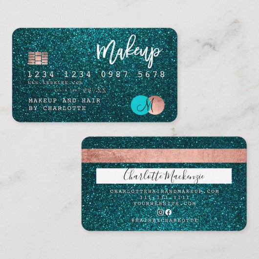 クレジットカードターコイズグリッター化粧ヘアモノグラム 名刺 (正面/裏面)