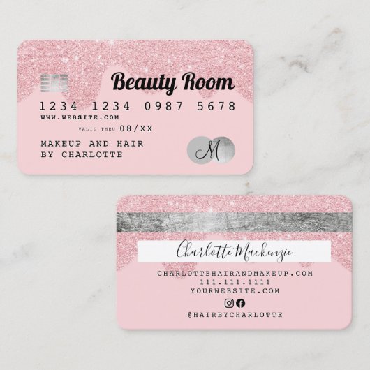 クレジットカードピンクグリッターは銀モノグラムを乾燥 名刺 (正面/裏面)
