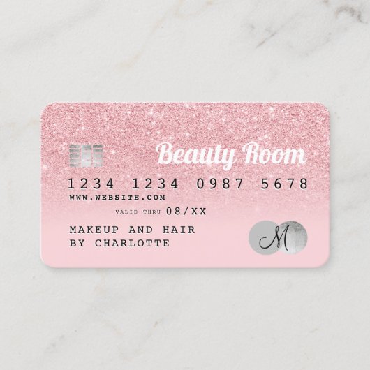 クレジットカードピンクグリッター美しいシルバーモノグラム 名刺 (正面)