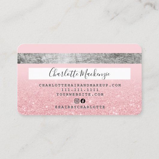 クレジットカードピンクグリッター美しいシルバーモノグラム 名刺 (裏面)