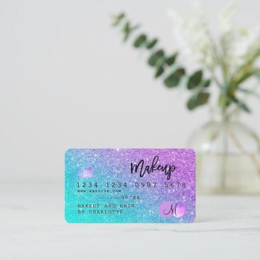 クレジットカードヘア化粧マーメイドグリッターモノグラム 名刺 (スタンド正面)