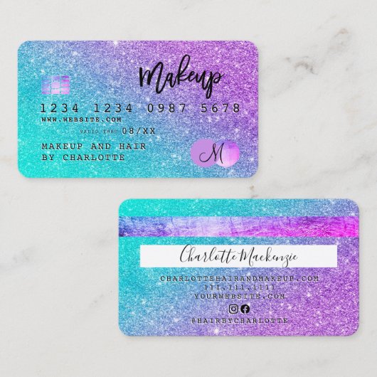 クレジットカードヘア化粧マーメイドグリッターモノグラム 名刺 (正面/裏面)