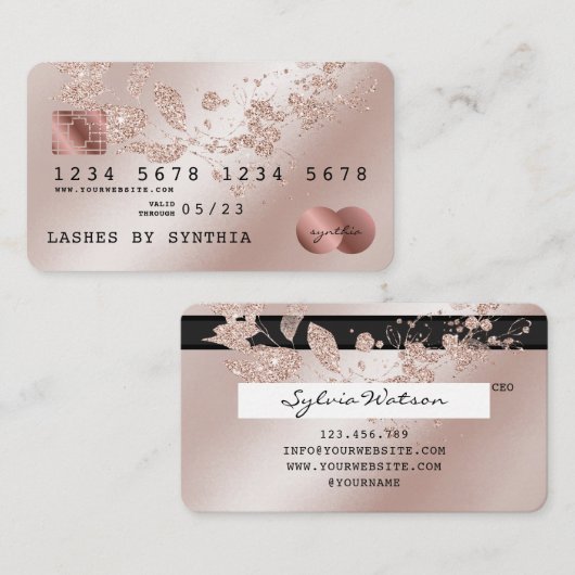 クレジットカード方式のバラ金ゴールドキラキラフローラ 名刺 (正面/裏面)