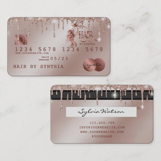 クレジットカード方式のバラ金ゴールドドリップ美容師 名刺 (正面/裏面)