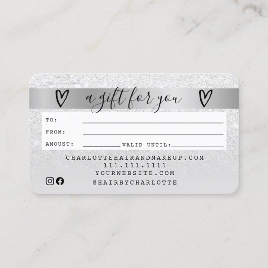 クレジットカード白グリッターグラデーション銀ギフトカード 名刺 (裏面)