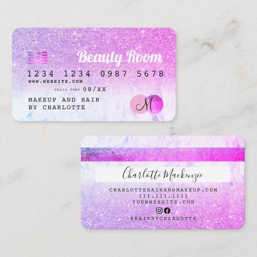クレジットカード美しいピンクグリッター大理石モノグラム 名刺 (正面/裏面)