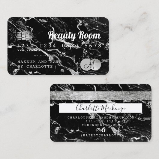 クレジットカード美しい黒大理石文字モノグラム 名刺 (正面/裏面)