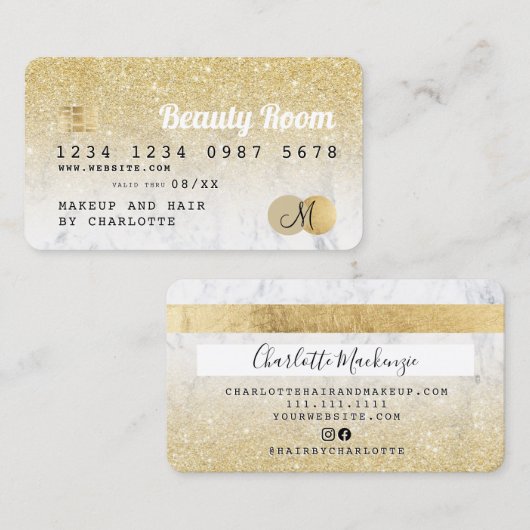クレジットカード金ゴールドグリッター大理石美しいモノグラム 名刺 (正面/裏面)