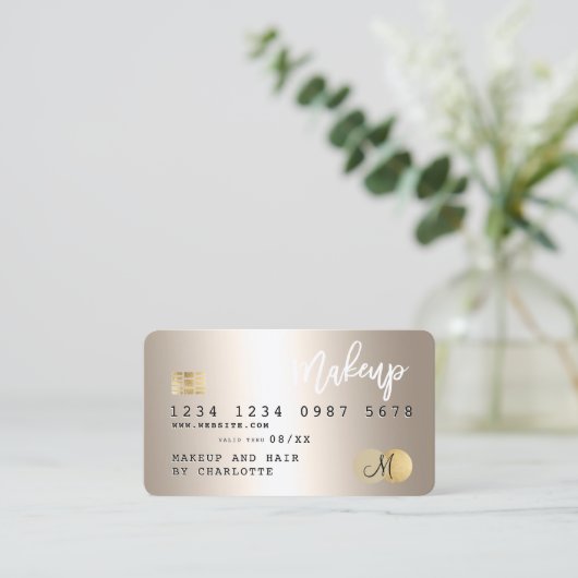 クレジットカード金ゴールドメタリックヘアメイクアップモノグラム 名刺 (スタンド正面)