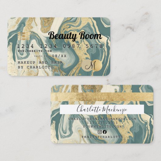 クレジットカード金ゴールド大理石ティール（緑がかった色）ダーク美しいモノグラム 名刺 (正面/裏面)