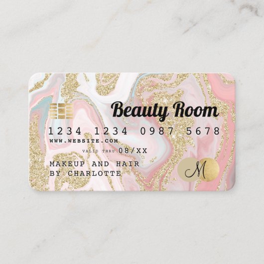 クレジットカード金ゴールド大理石ピンク美しいモノグラム 名刺 (正面)