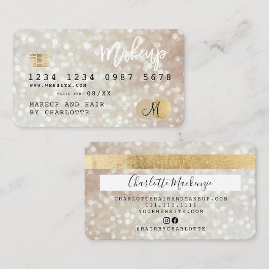 クレジットカード金ゴールド《写真》ぼけ味ヘア化粧モノグラム 名刺 (正面/裏面)