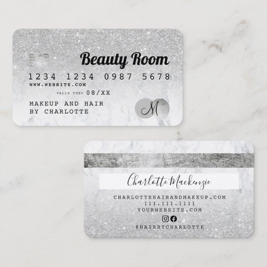 クレジットカード銀グリッター大理石シック美しい 名刺 (正面/裏面)