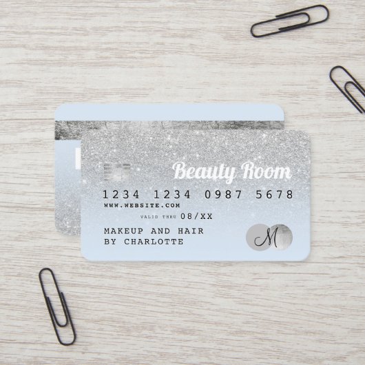 クレジットカード銀グリッター美しいブルーモノグラム 名刺 (正面/裏面インサイチュ)