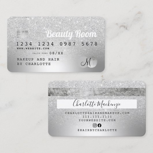クレジットカード銀箔グリッター美しいモノグラム 名刺 (正面/裏面)