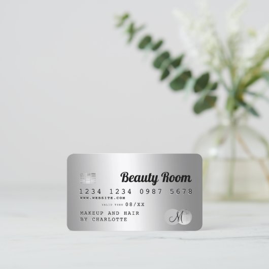 クレジットカード銀色金属美しいヘアモノグラム 名刺 (スタンド正面)