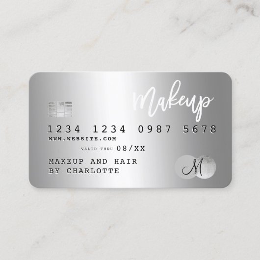 クレジットカード銀金属メイクアップヘアモノグラム 名刺 (正面)