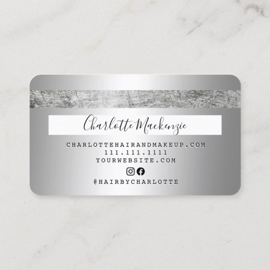 クレジットカード銀金属メイクアップヘアモノグラム 名刺 (裏面)