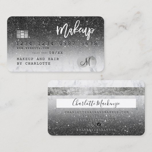 クレジットカード黒グリッター大理石文字 名刺 (正面/裏面)