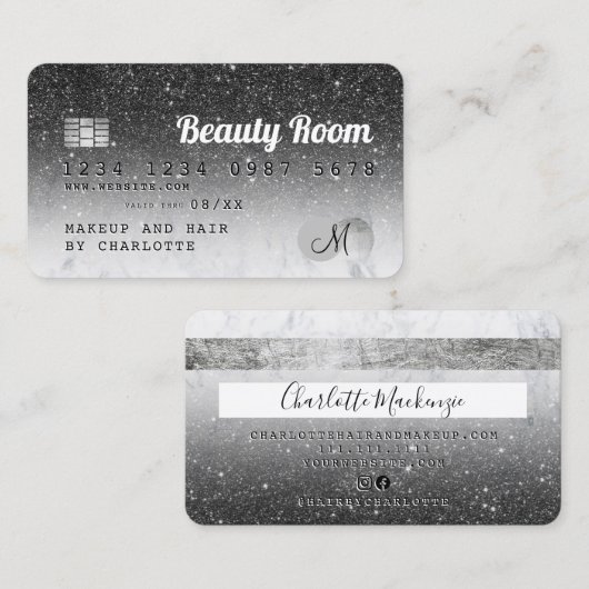 クレジットカード黒グリッター大理石美しいモノグラム 名刺 (正面/裏面)