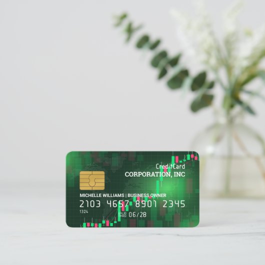 クレジットカード | 財務ろうそく棒グラフ 名刺 (スタンド正面)