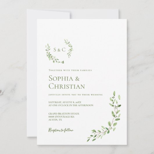 クレストグリーンリーウォーターカラーリースモノグラム結婚ズ 招待状 (正面)