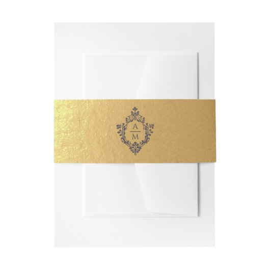 クレストゴールドフェイクフォイルネイビーブルーモノグラムラグジュアリー 招待状ベリーバンド (正面例)