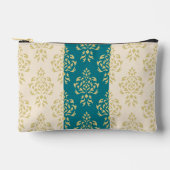 クレストダマスク柄 – 金ゴールドオンティール（緑がかった色）&クリーム アクセサリーポーチ (正面)