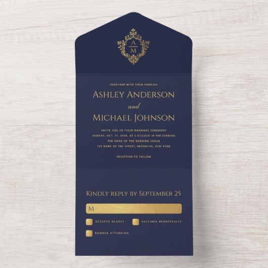 クレストネイビーブルーフェイク金ゴールドエレガントなウェディングモノグラム オールインワン招待状 (内側)