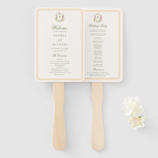 クレストパームツリーモノグラムトロピカル結婚式 プログラム ハンドファン (正面&裏面)