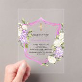 クレストピンク紫色の花の女の子澄ん洗礼 アクリル招待状 (インサイチュ (ポータブル))