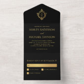 クレストブラックフェイク金ゴールドエレガントなウェディングモノグラム オールインワン招待状 (内側)