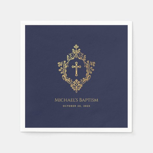 クレストボーイバプティスネイビーブルーエレガントゴフェイクール箔 スタンダードカクテルナプキン (正面)