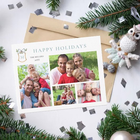 クレストモノグラムのブルー4フォトホリデー シーズンカード