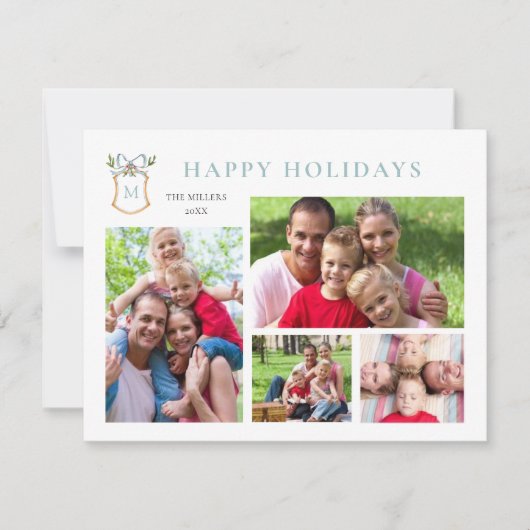 クレストモノグラムのブルー4フォトホリデー シーズンカード (正面)