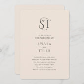 クレストモノグラムベージュタイポグラフィ結婚ズ 招待状 (正面/裏面)