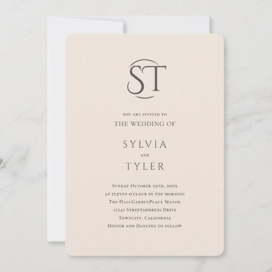 クレストモノグラムベージュタイポグラフィ結婚ズ 招待状 (正面)