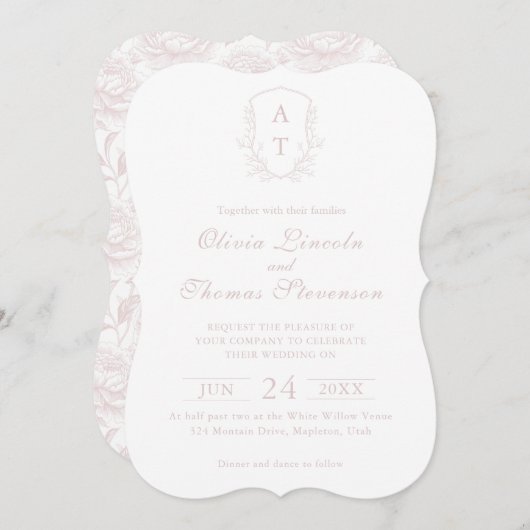 クレストモノグラム赤面ピンク結婚式招待状 (正面/裏面)