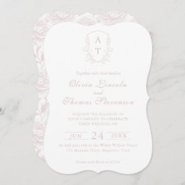 クレストモノグラム赤面ピンク結婚式招待状