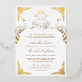 クレスト王室のインディアンホワイトピーコッ結婚クの金ゴールド 箔招待状 (正面)